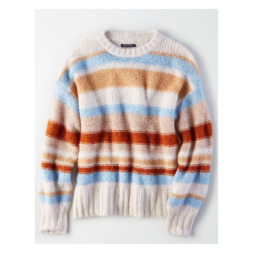 American Eagle Outfitters Cream, Light Blue & Rust Striped Knit Sweater